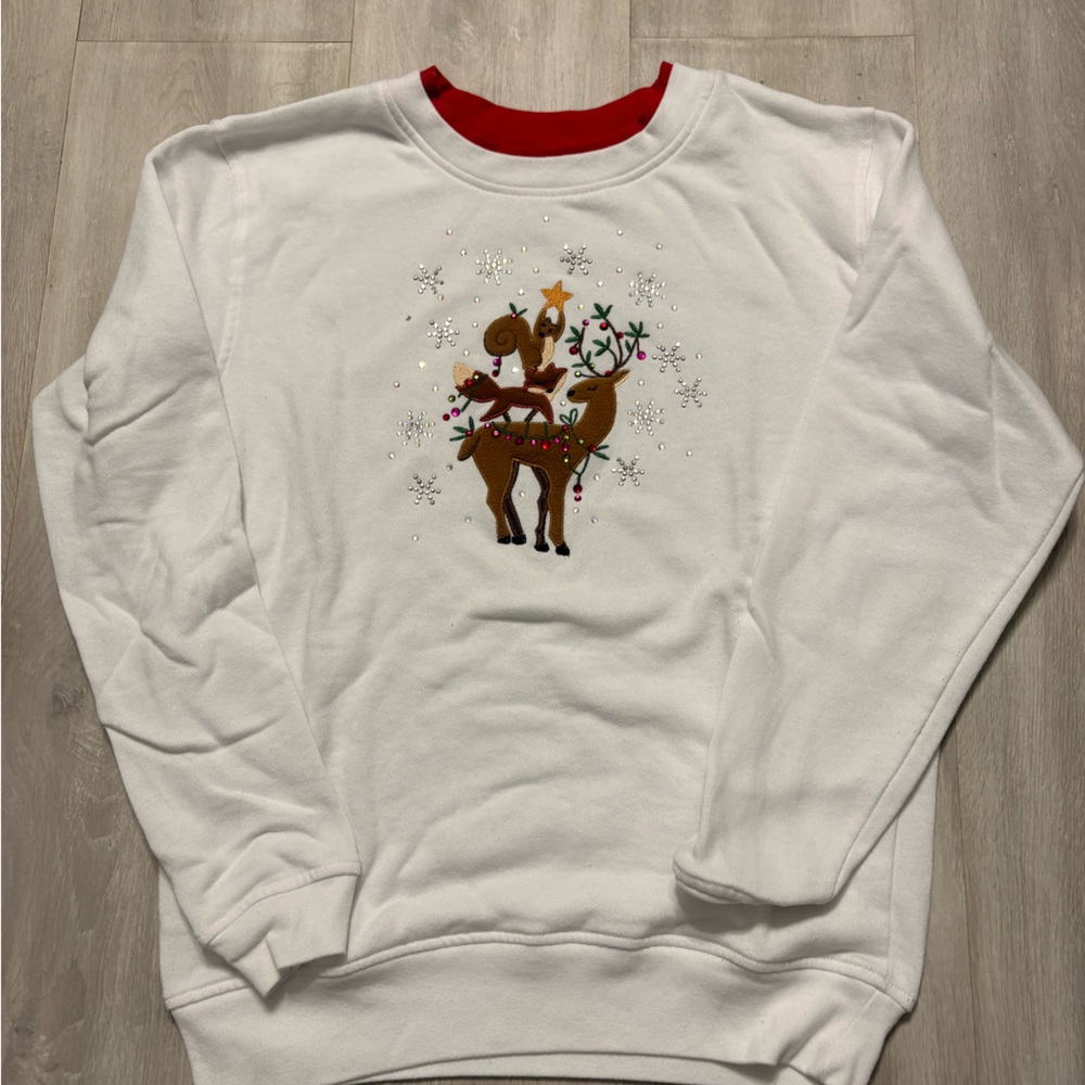 White Holiday Reindeer Sweatshirt with Red Trim